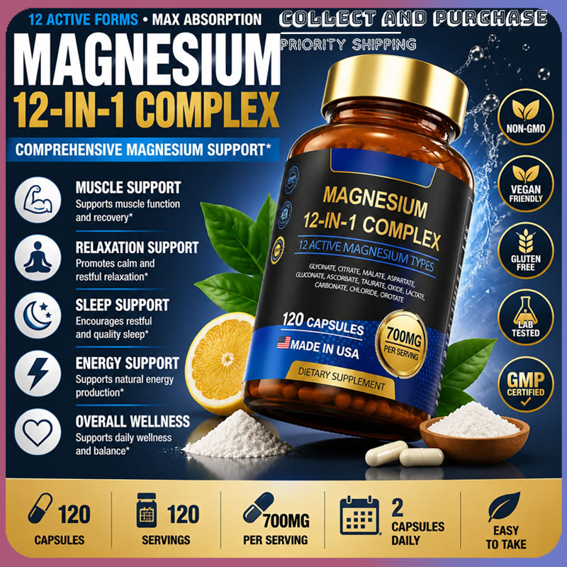 Magnesium Glycinate Capsule - Nicht-GVO Magnesium-Komplex 700mg mit 12 Aktiven